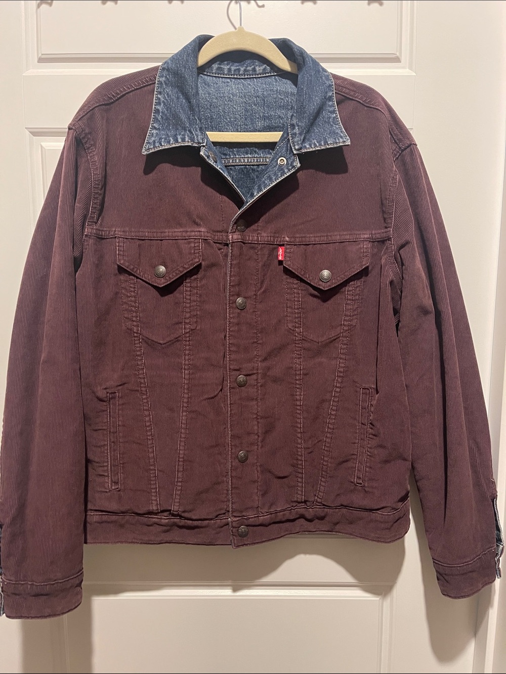 Vintage Levi's Burgundy Corduroy Trucker Jacket with Blue Denim Collar